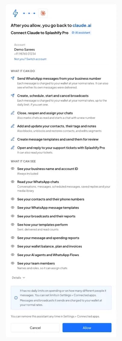 The Splashify Pro page for connecting Claude to the demo account Demo Sarees: you go back to claude.ai, what it can do and see, the note that it has no daily limits and that what it sends is charged to your wallet, and Cancel and Allow