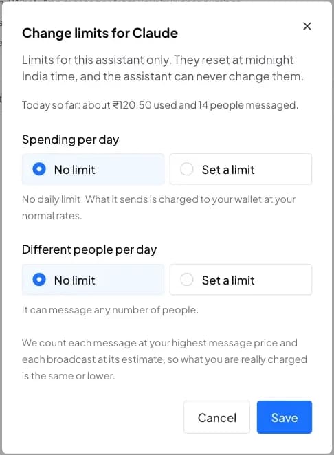 The Change limits dialog for Claude: about ₹120.50 used and 14 people messaged today, and a No limit or Set a limit choice for spending per day and for different people per day