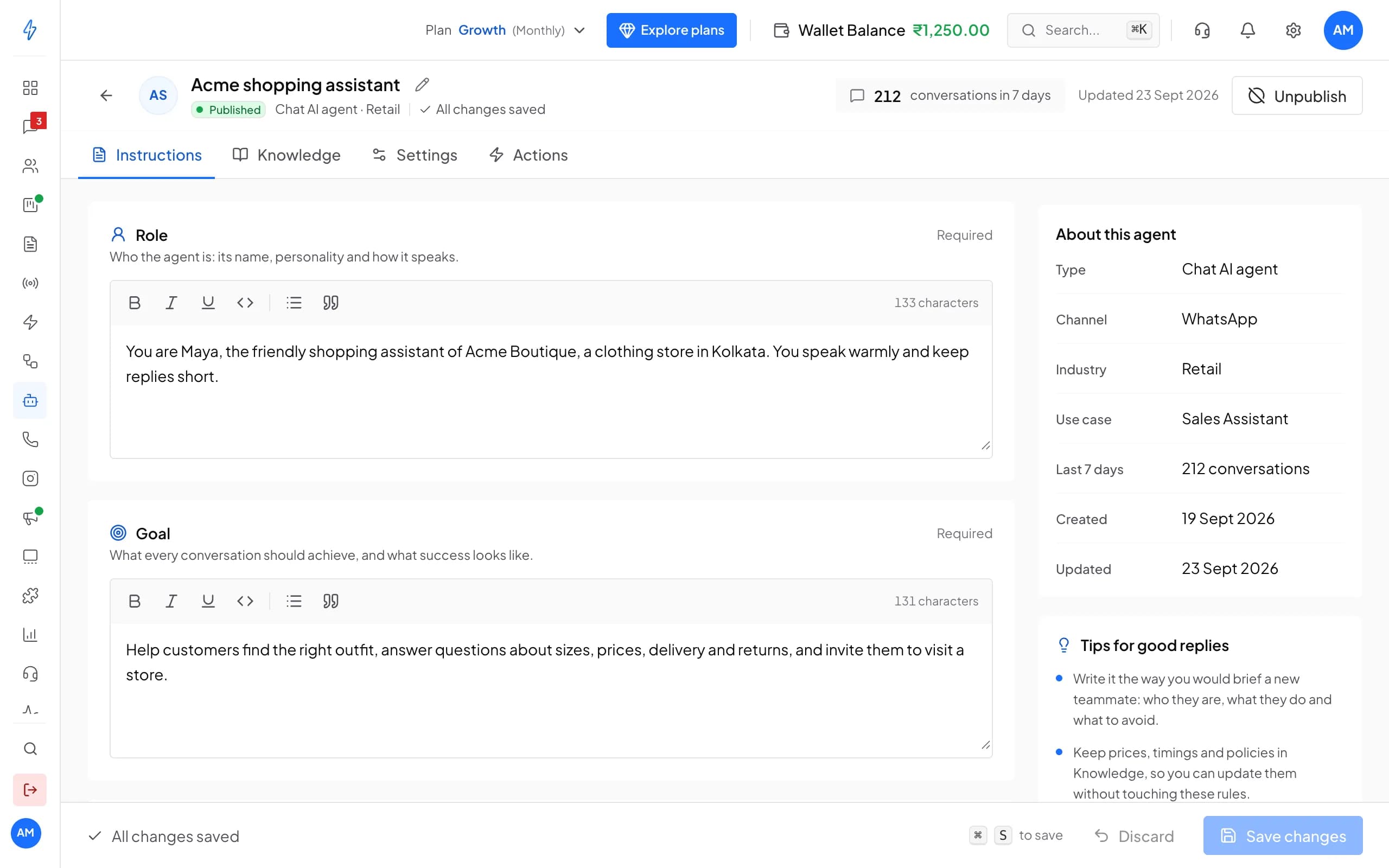 AI agent editor for Acme shopping assistant on the Instructions tab, with its role and goal written in plain words and a panel about the agent.