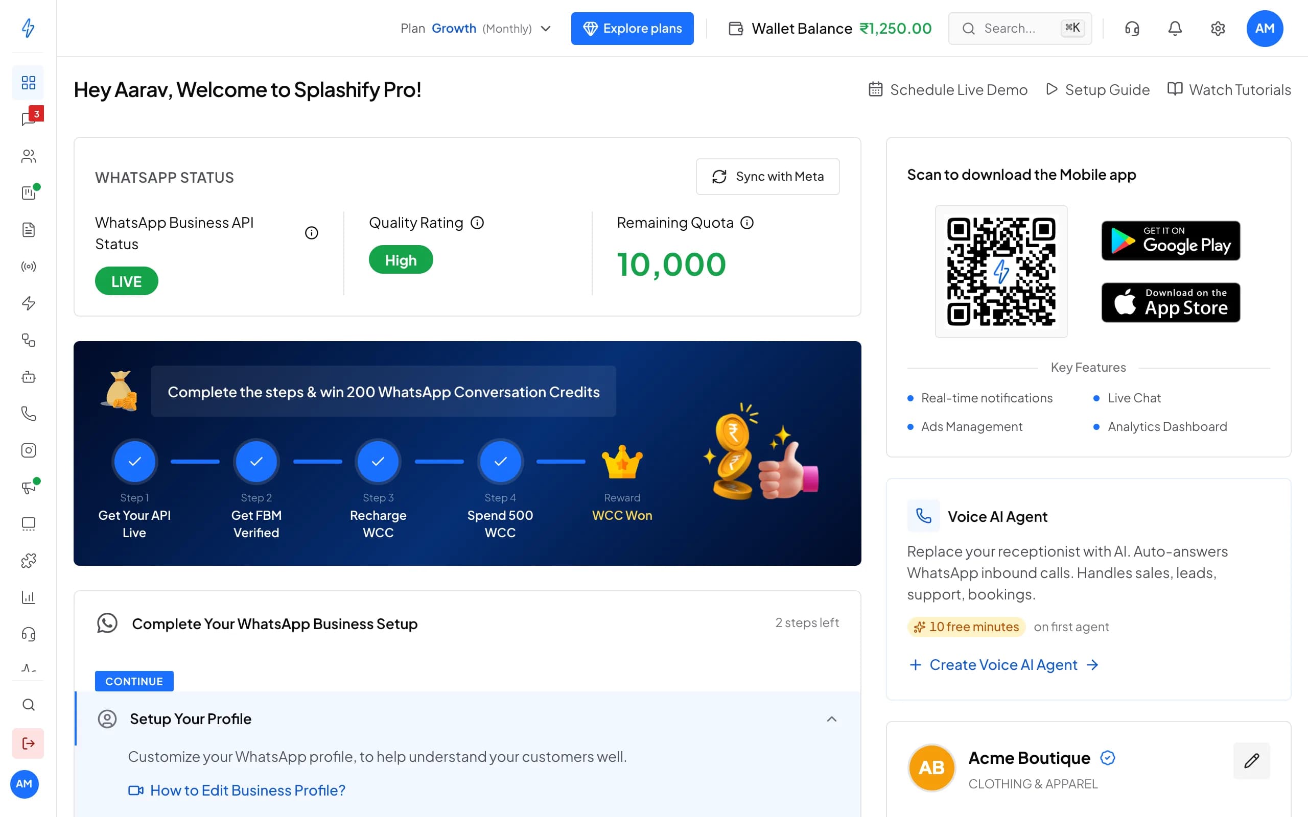 Splashify Pro dashboard for Acme Boutique: WhatsApp number live with high quality and a 10,000 daily limit, setup checklist, mobile app QR code and a Voice AI agent card.