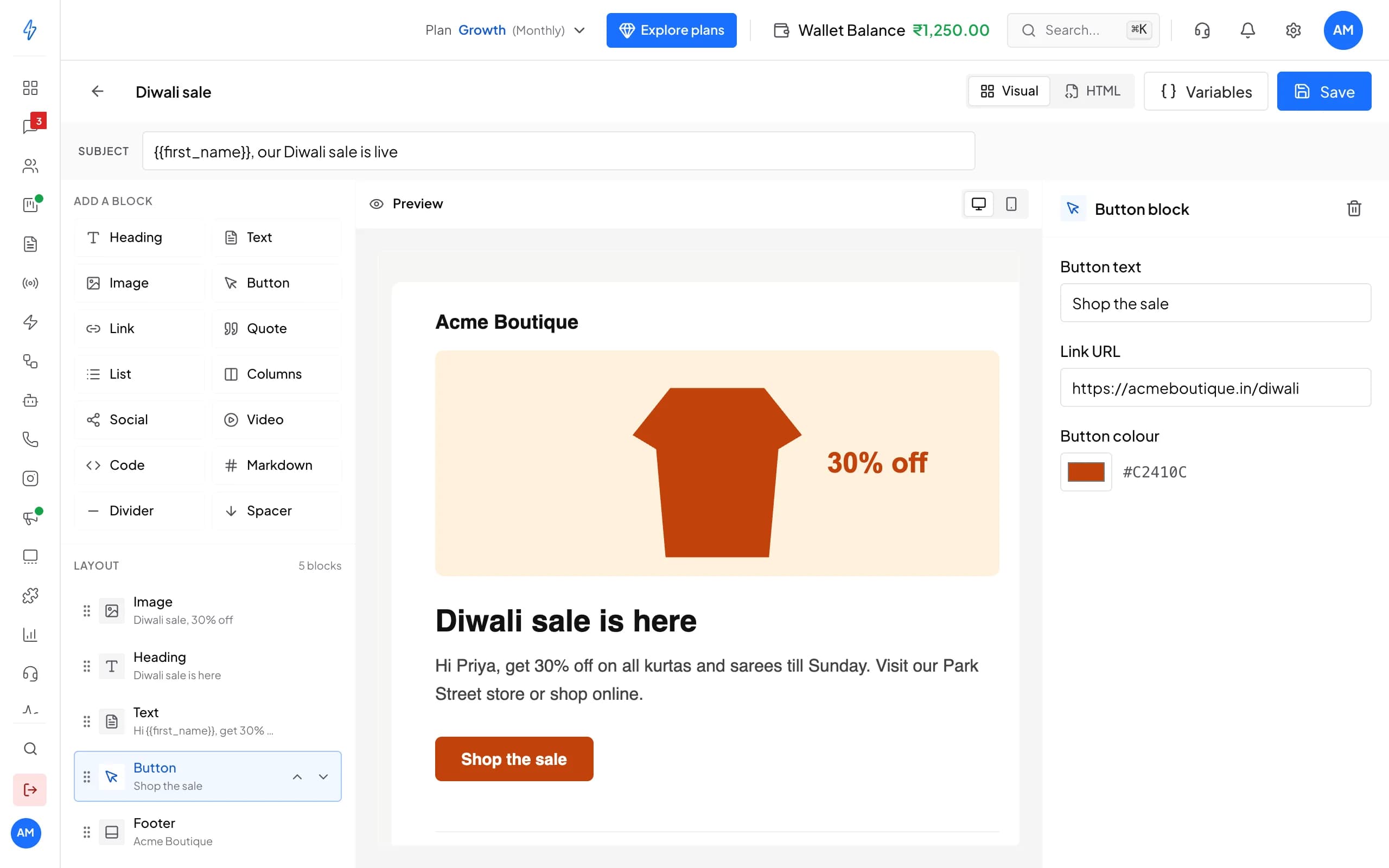 Visual email editor for a Diwali sale email: blocks to add, the layout list, a live preview with a picture, heading, text and a Shop the sale button, and the button's settings.