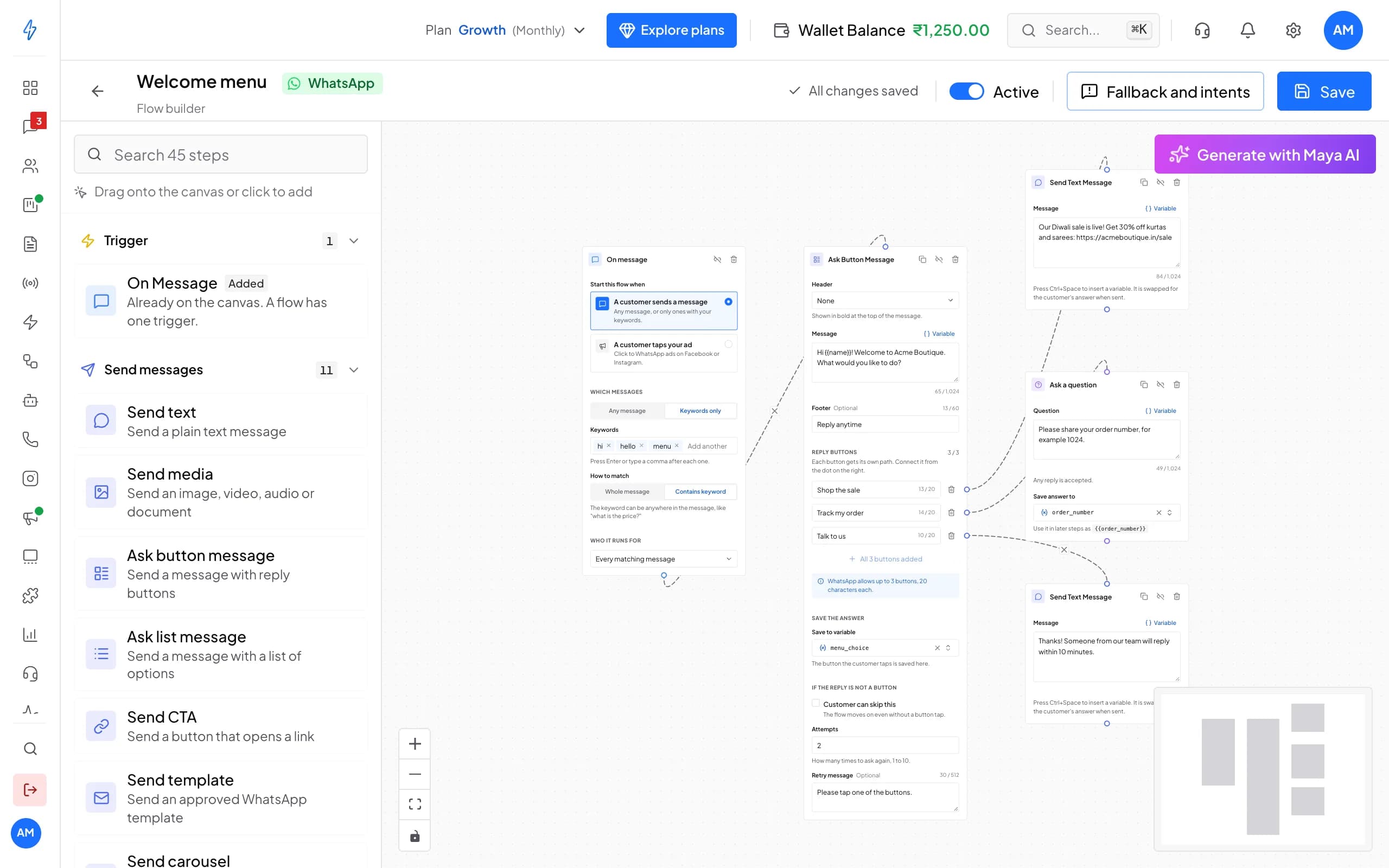 Chatbot flow builder canvas for the Welcome menu bot: a keyword trigger, a button message with three buttons, and branches that send the sale link, ask for an order number or hand over to the team.