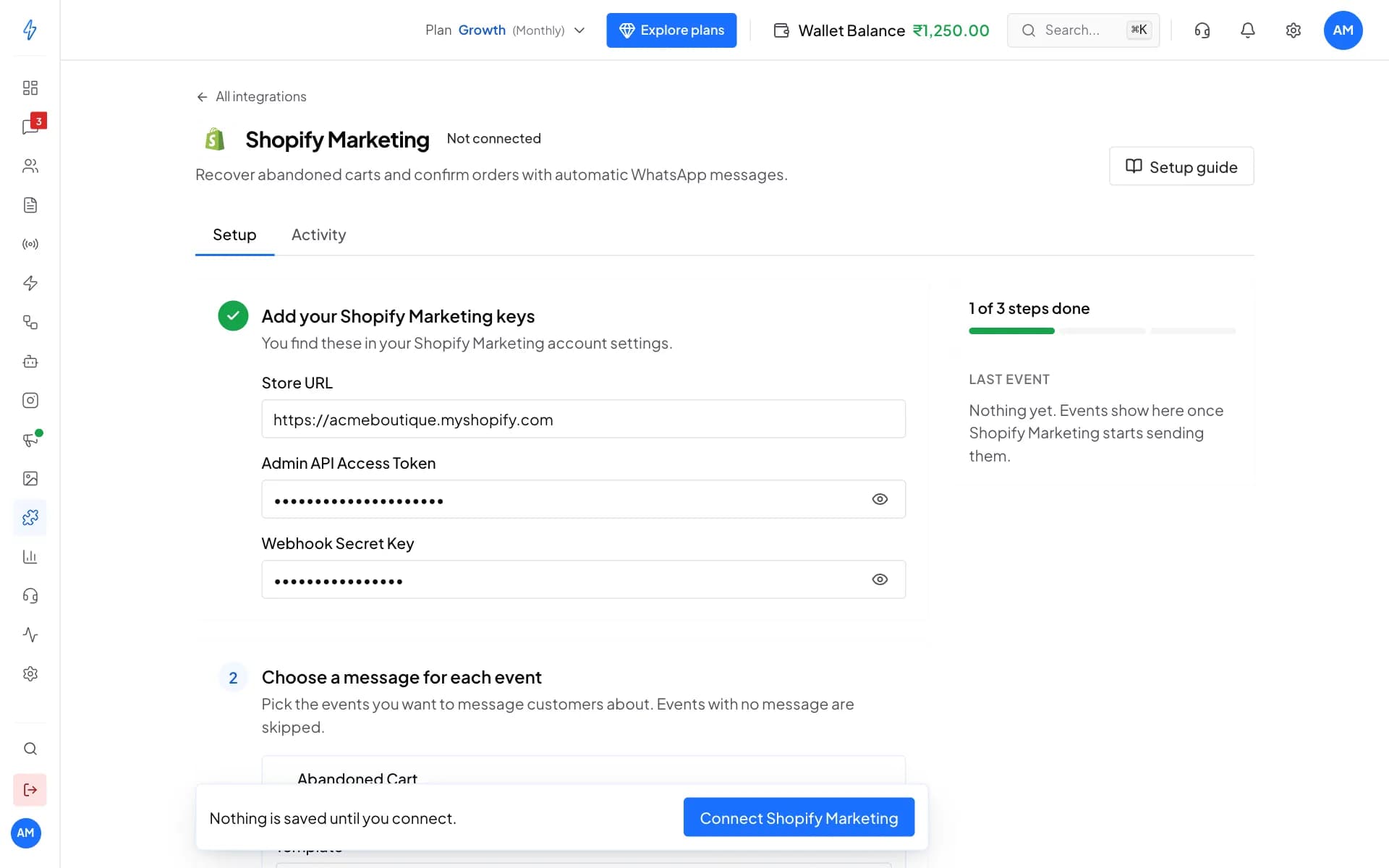 The Shopify Marketing page in the app with the store URL, access token and webhook secret filled in, 1 of 3 steps done, and the Connect button.