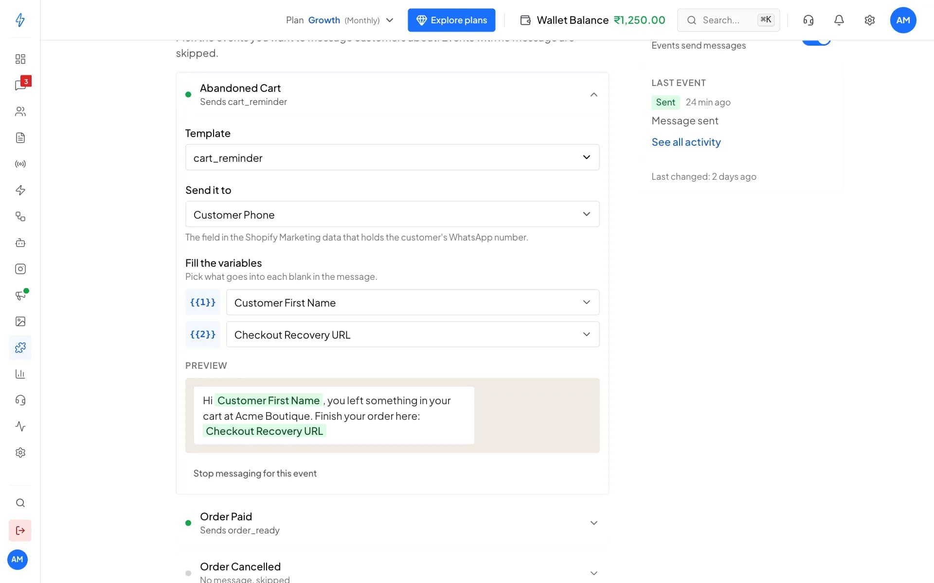 The Abandoned Cart event with the cart_reminder template, sent to the customer's phone, blanks filled with the first name and the checkout link, and a preview of the message.