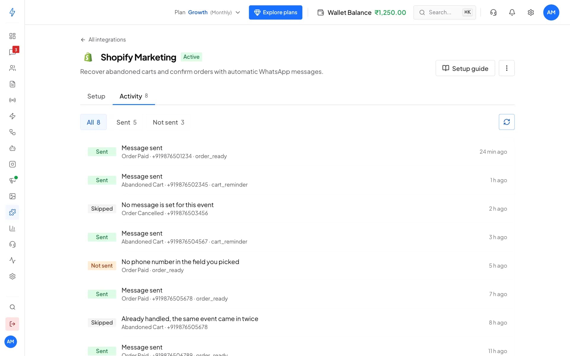 The Activity tab of Shopify Marketing listing sent messages, a skipped event with no message set and a not sent event with no phone number.