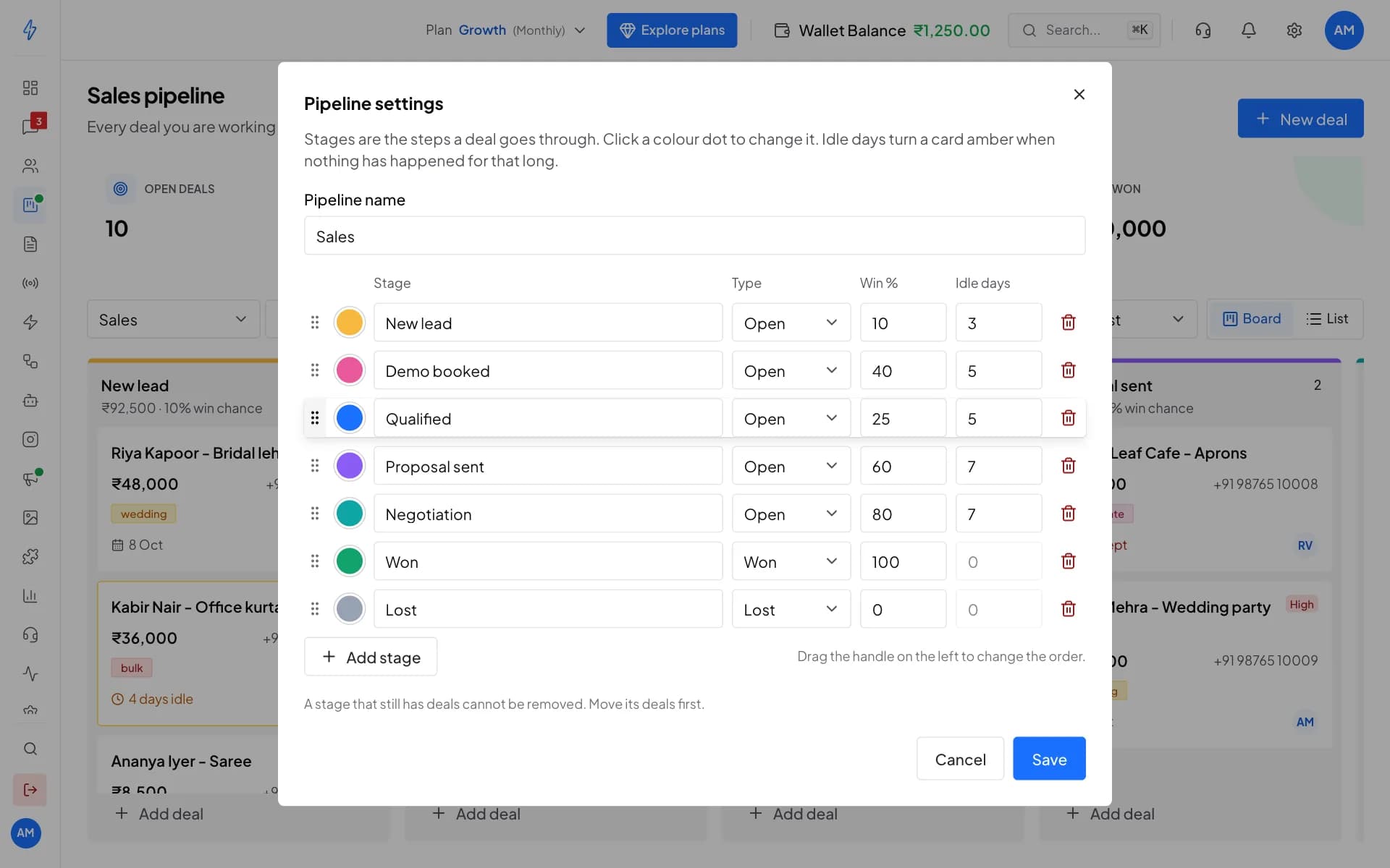 Pipeline settings with the stages New lead, Demo booked, Qualified, Proposal sent, Negotiation, Won and Lost, each with a colour, type, win percent and idle days, one being dragged to a new place.
