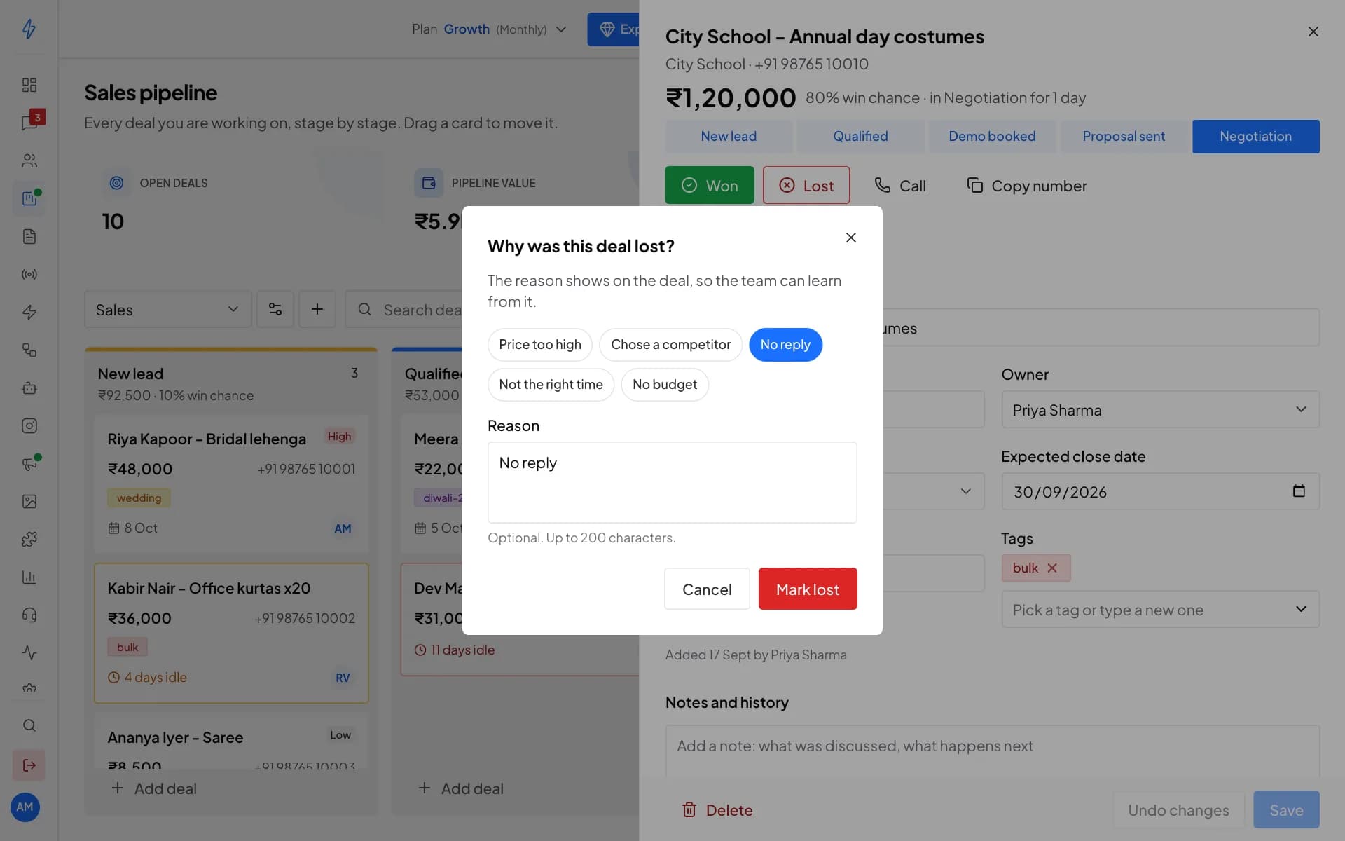The Why was this deal lost box with quick reasons Price too high, Chose a competitor, No reply, Not the right time and No budget, a reason field and a Mark lost button.
