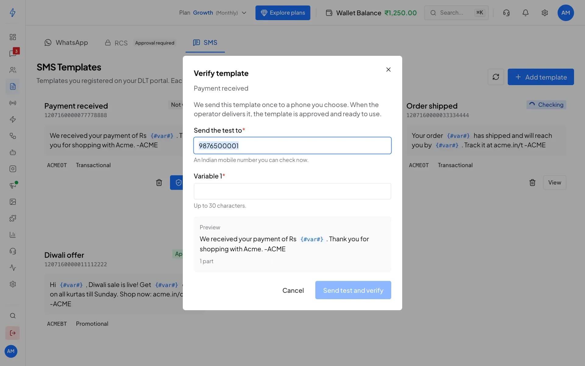 The Verify template box for the Payment received template: a test number, a box for variable 1, and a preview of the message that takes 1 SMS part.