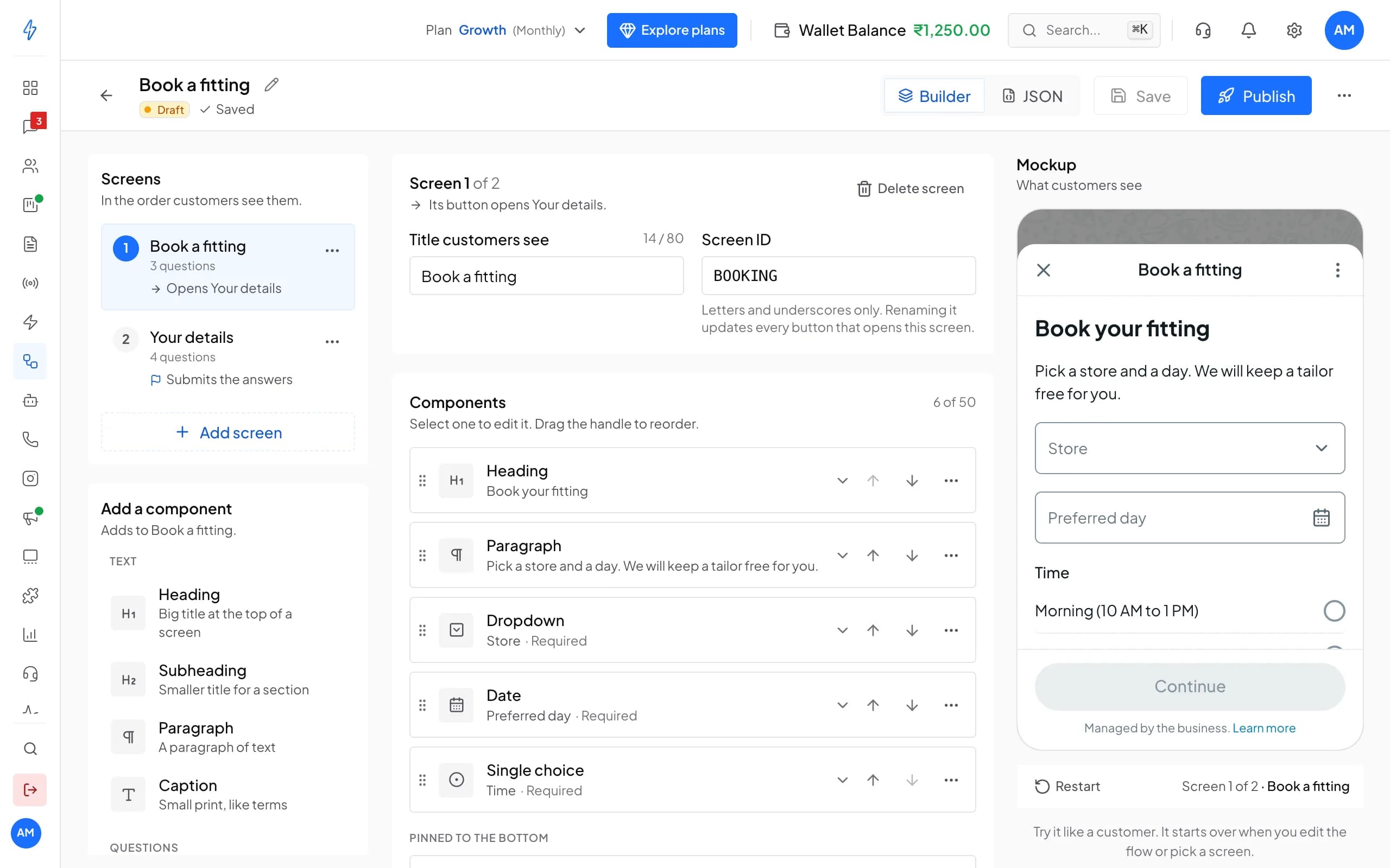 WhatsApp Flows builder for a Book a fitting form: two screens, a list of components such as dropdown, date and single choice, and a phone mockup of the form.