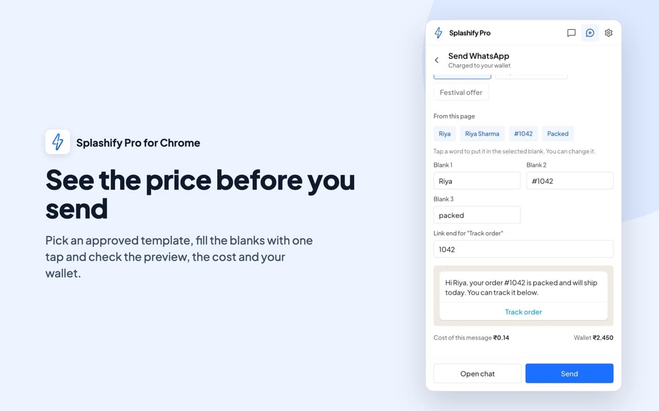 See the price before you send: the side panel with the template blanks filled in, the message preview, the cost of the message and the wallet balance above the Send button