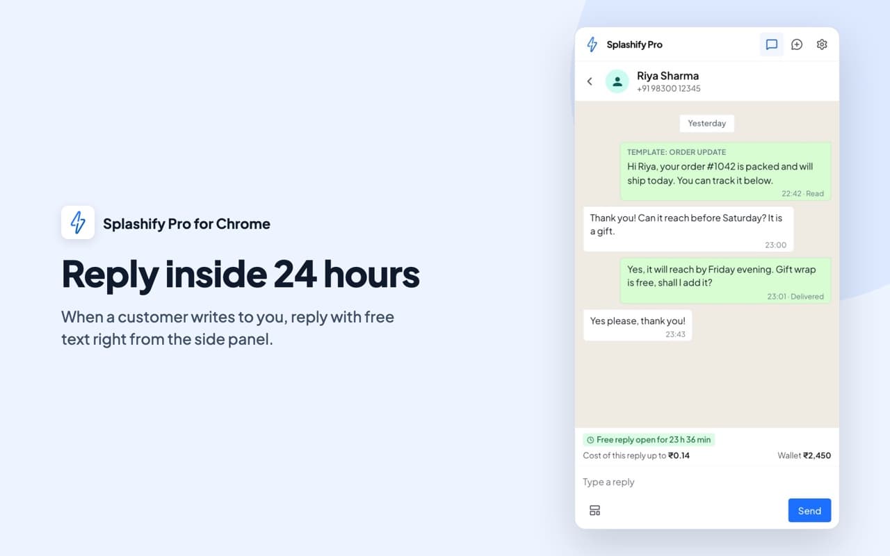 Reply inside 24 hours: a chat open in the side panel, a note that the free reply stays open for 23 hours 36 minutes, the cost of the reply, the wallet balance and a reply box