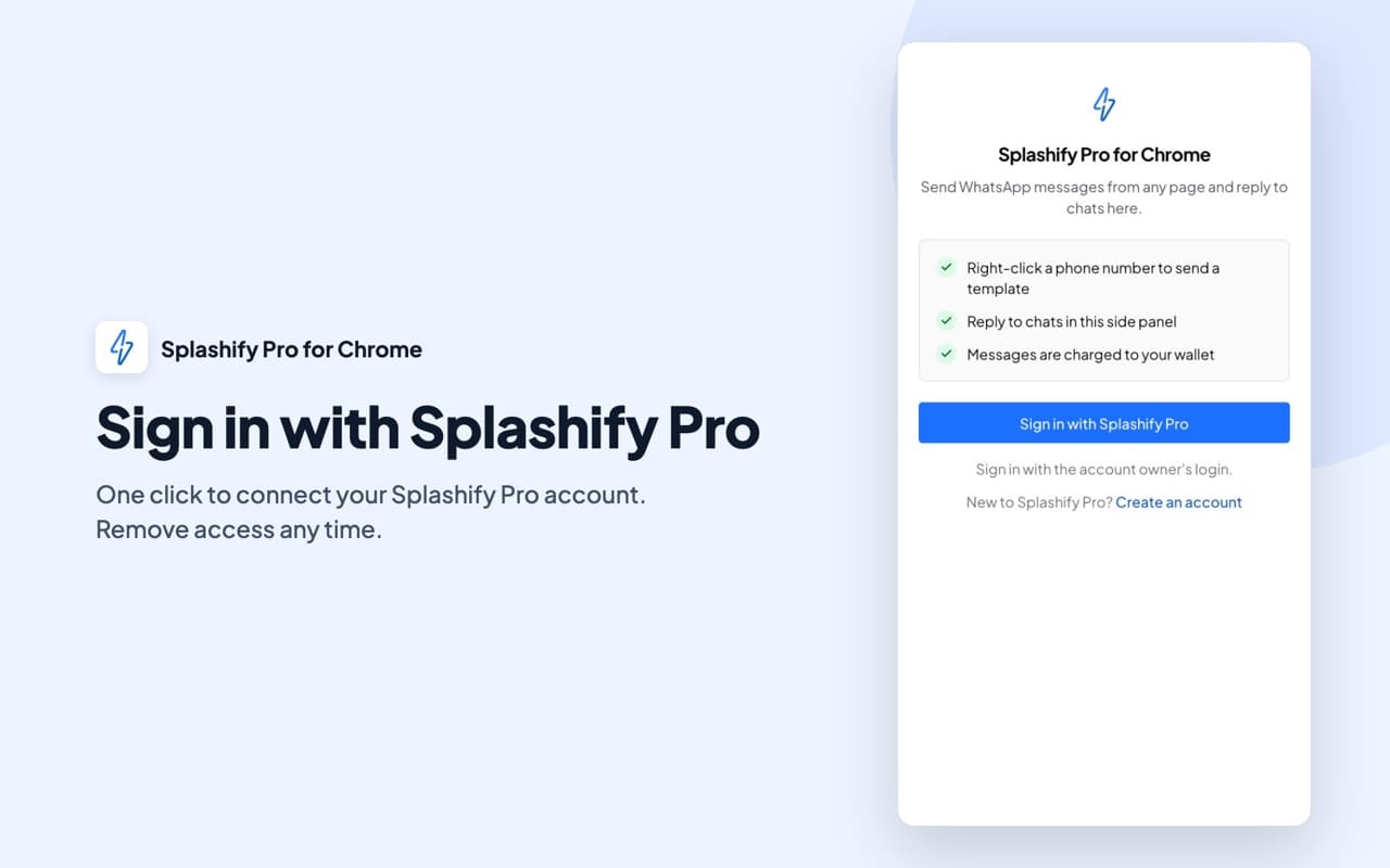 Sign in with Splashify Pro: the side panel before sign-in, with what the extension does, the Sign in with Splashify Pro button and a link to create an account