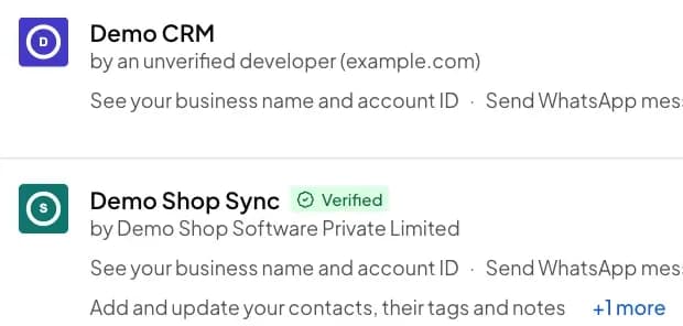 Settings, Connected apps in a demo Splashify Pro account: Demo CRM by an unverified developer, and Demo Shop Sync with the green Verified badge and its company name