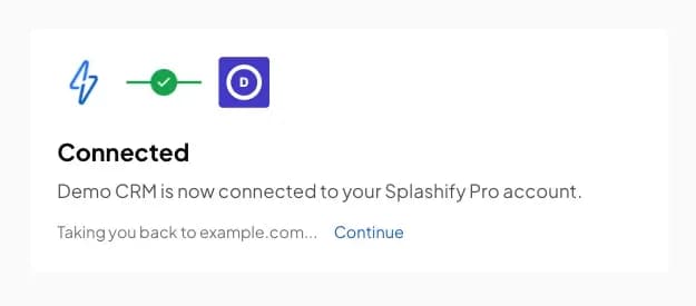 The Connected page after Allow: Demo CRM is now connected to your Splashify Pro account, taking you back to example.com, with a Continue link
