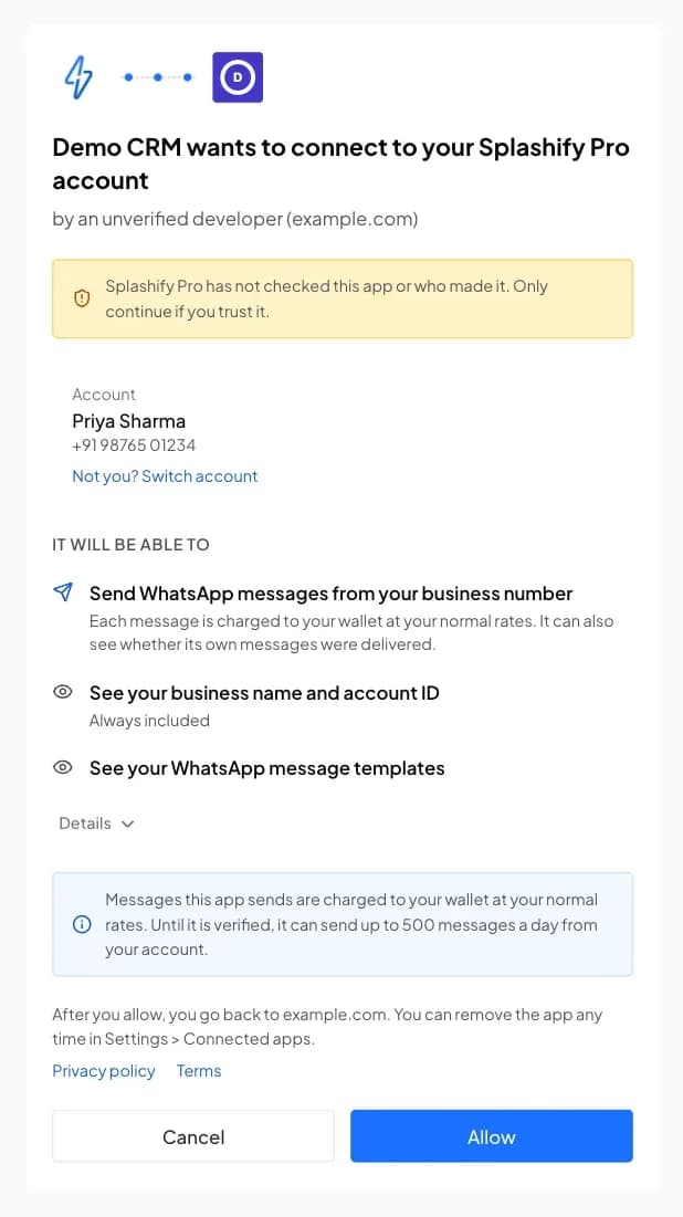 The consent page a customer sees for the demo app Demo CRM, by an unverified developer, with the not checked notice, the account, what the app can do, the 500 messages a day line, and Cancel and Allow