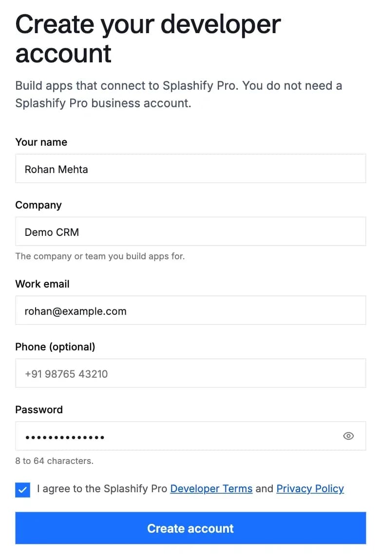 The Splashify Pro Developers sign-up page filled in with the demo developer Rohan Mehta, the company Demo CRM and rohan@example.com, the terms box ticked and Create account