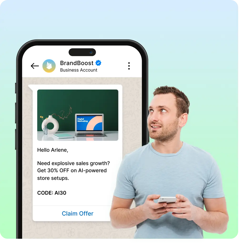 Promotional card for Splashify Pro's Broadcast Campaign feature showing a woman holding a phone